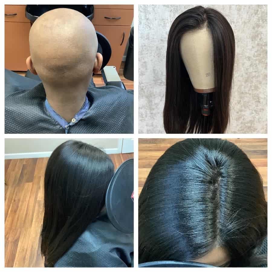 Before and after view of a woman receiving a wig after going through a chemotherapy shaving treatment